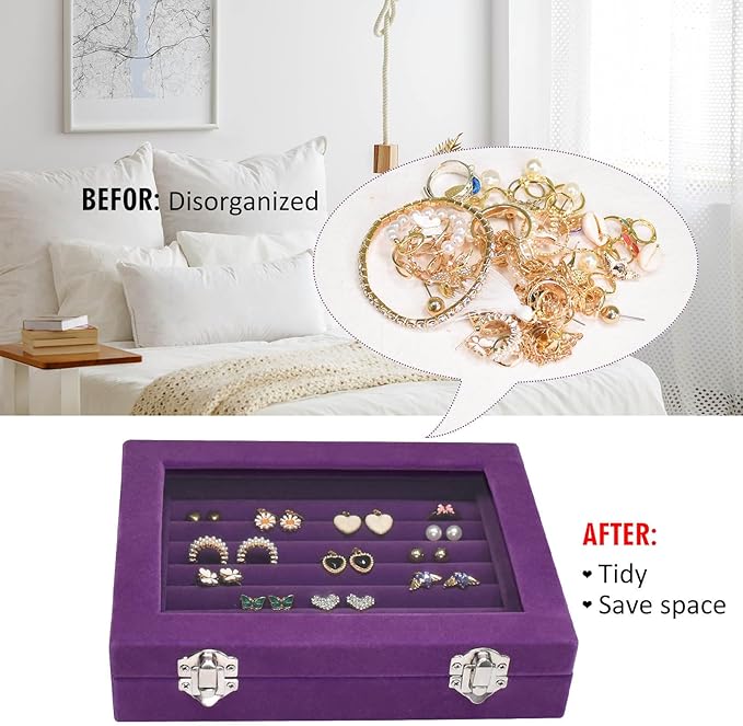 Vicoter Rings Organizer Tray 7 Slots Velvet Jewelry Earring Storage Box with Transparent lid Jewelry Display Case for Girls Wife Mom Women (Purple)