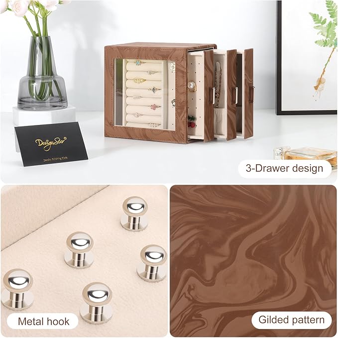 DesignSter Jewelry Box Organizer, Jewelry Box for Women, PU Jewelry Organizer Display Case with Side Drawers, Jewelry Storage for Earring Necklace Ring Bracelet Watch