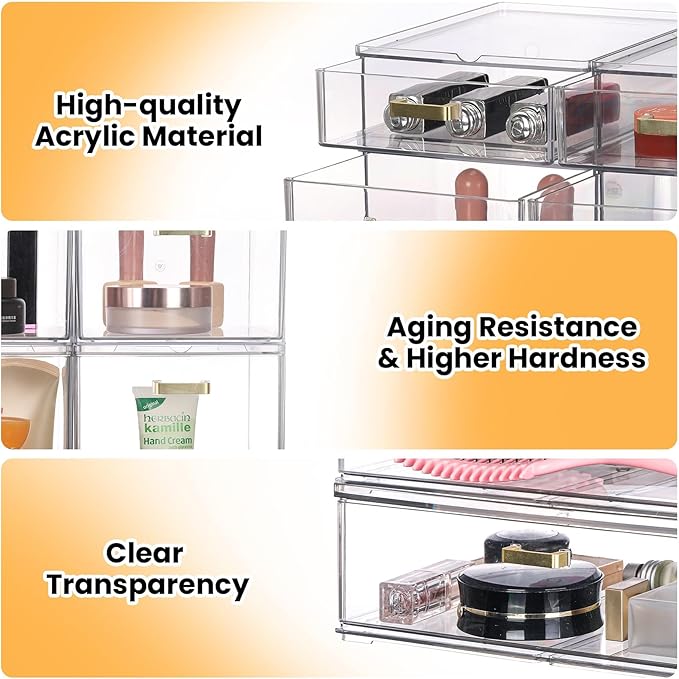 LALOBLUE Stackable Storage Drawers, 6 Pack Clear Acrylic Organizer Bins with Golden Handles, Multi-Size Plastic Drawers for Makeup, Vanity, Kitchen, Bathroom, Office, Pantry Organization and Storage