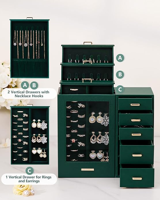 Homde Large Jewelry Box/Organizer/Case with Glass Window, Drawers for Necklaces Earrings Rings Bracelets Watches Gift for Women Girls