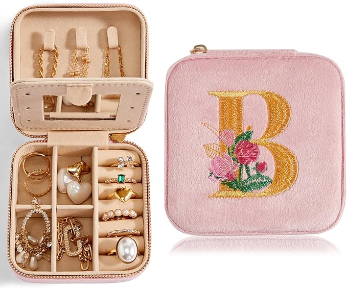Smileshe Personalized Gifts for Mom Mothers Day, Birthday, Graduation Gift for Girls Fashion, Travel for Teen Girls Trendy Stuff, Velvet Jewelry Box with Flower, Letter B, Pink