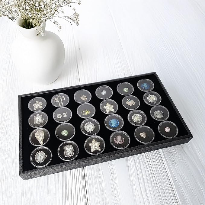 Ikee Design 24 Gem Showcase Stackable Jewelry Display Tray for Collectibles, Rock Storage Box Gemstones Bead Storage Jars, Black Foam, Black Tray, 14 7/8W x 8 3/8D x 1H in