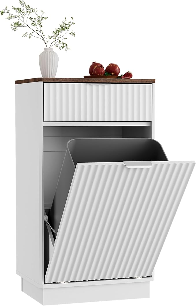 Tilt-Out Trash Cabinet, White Laundry Hamper Cabinet with Black Top, 34.3 x 19 x 13.8 inches, 10 Gallon Capacity, Wave-Textured Front, Storage Drawer.