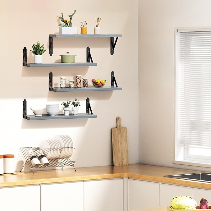 ROMGUAR CRAFT Wood Floating Shelves Set of 4, Rustic Storage Decor Wall Shelves, Wall Mounted Shelf for Living Room, Bedroom 17" x 6", Grey