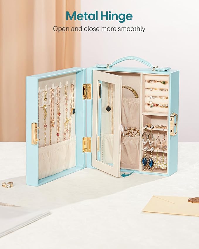 Enthralite Large Travel Jewelry Case: Portable Necklace Box with Mirror - PU Leather & Velvet Lined Jewelry Organizer for Ring Earring Bangle Bracelets Watch - Birthday Gift for Her