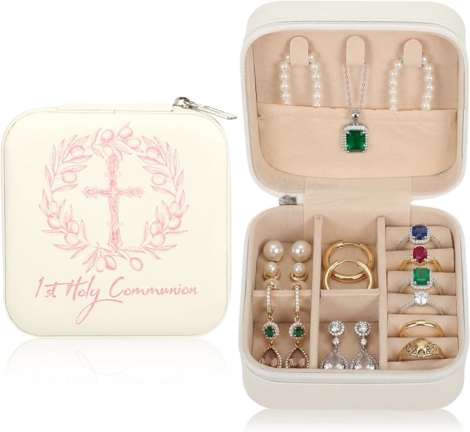 First Communion Travel Jewelry Box, Small Zippered Jewelry Case with Soft Lining, White Square Keepsake Box for Rings Earrings Necklaces, Religious Keepsake Gift for Baptism or Wedding (1, White)