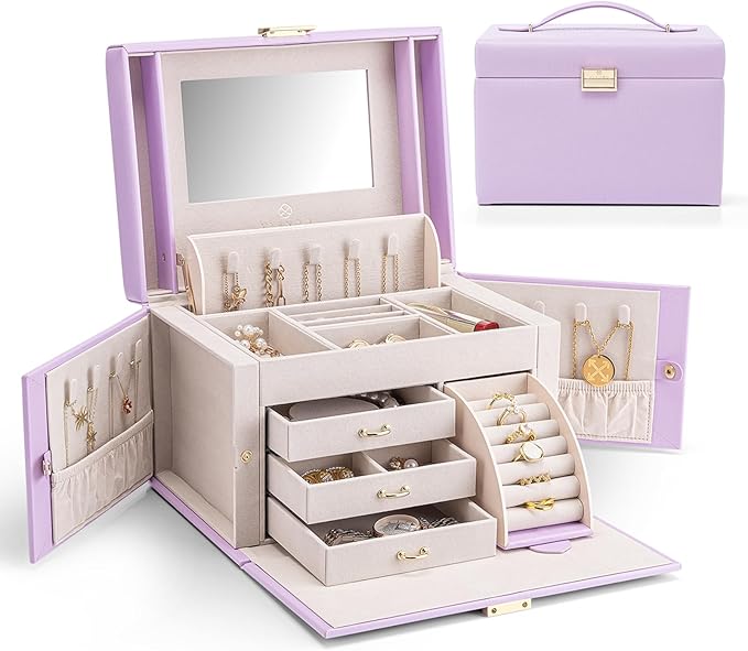 Vlando Mirrored Jewelry Box Organizer, Leather Jewelry Storage Case, Necklaces Earrings Rings Brackets Box Holder, Purple