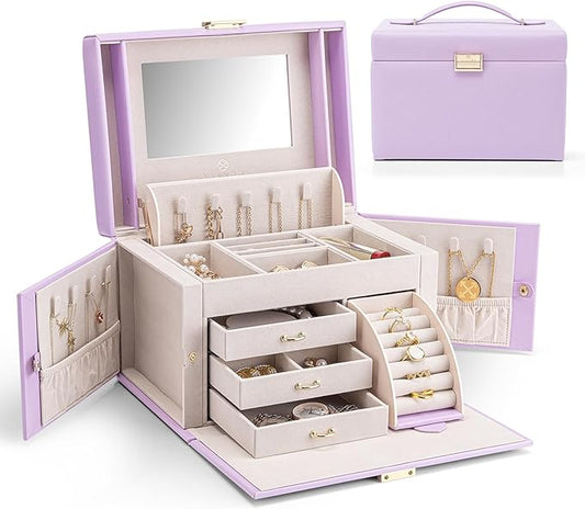 Vlando Mirrored Jewelry Box Organizer, Leather Jewelry Storage Case, Necklaces Earrings Rings Brackets Box Holder, Purple