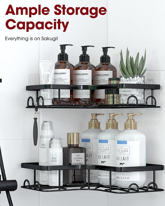 Sakugi Corner Shower Caddy - 2 Pack, Adhesive Shower Organizers, Rustproof Stainless Steel Shower Shelves with 8 Hooks, No Drilling Bathroom Organizers and Storage Racks, Space-Saving, Black, Medium
