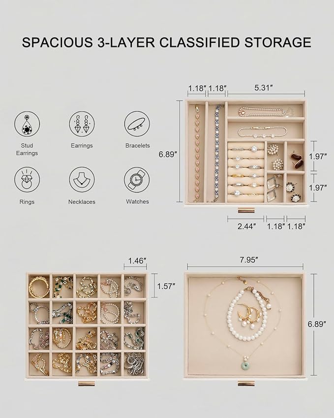 Jewelry Box with Glass Lid,3-Layer Jewelry Boxes for Women,PU Leather Jewelry Organizer with 20-Grid Earring Drawer & Movable Dividers for Necklaces Rings - Cloud White