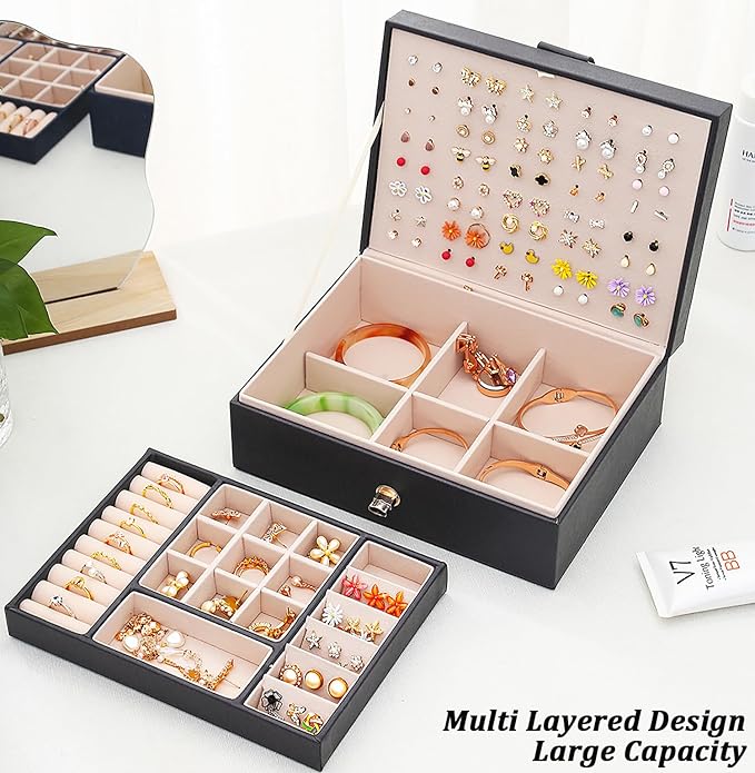 Earrings Jewelry Box for Girls, Large Capacity Jewelry Organizer with 40-Pair Earring Board, 2-Layer Leather Jewelry Storage Box for Necklaces Rings Bracelets with Removable Tray(Gift Idea),Black