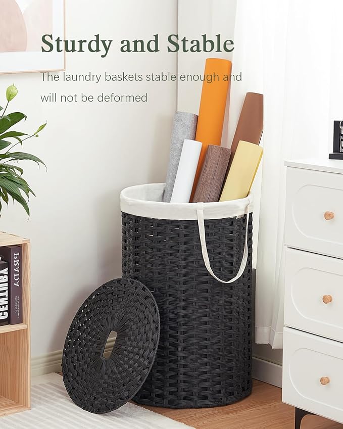 SETVSON Large Laundry Hamper Laundry Basket Round 34.3 Gal (130 L) Handwoven Wicker Laundry Baskets Rattan Laundry Basket with Laundry Bag Handles 2 Mesh Bags for Living Room Bedroom Black