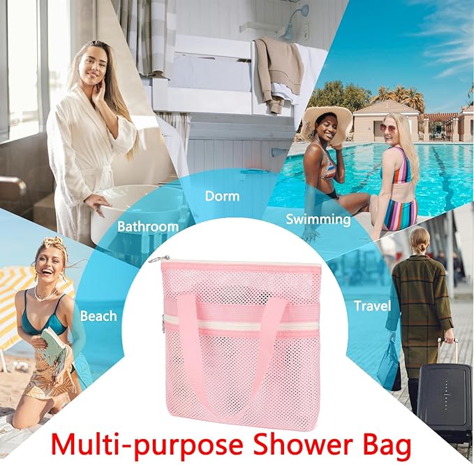 Fammart Mesh Shower Caddy Portable with Zipper & 2 Pockets - Quick Dry Shower Caddy Hanging for Travel Gym Camp Beach - Organizer Bag Bathroom Essentials for College Dorm