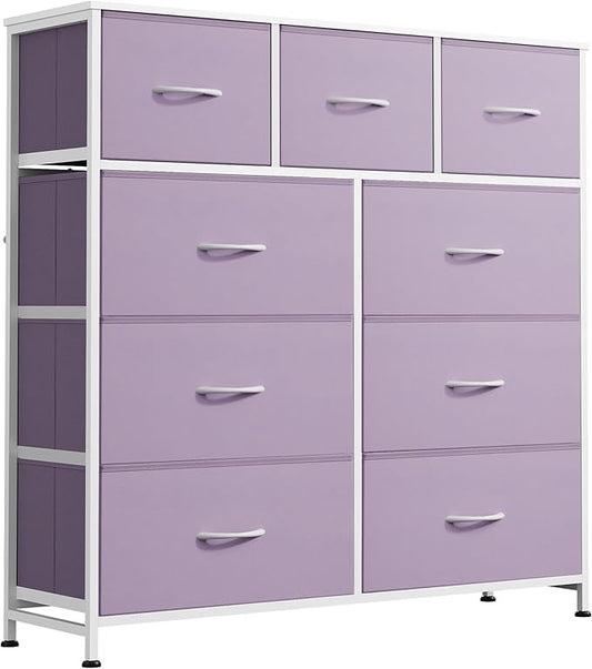WLIVE 9 Drawer Dresser, Fabric Storage Tower for Bedroom, Hallway, Closet, Tall Chest Organizer Unit for Bedroom with Fabric Bins, Steel Frame, Wood Top, Easy Pull Handle, Purple