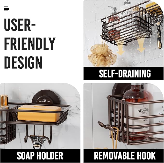 LEVERLOC Shower Caddy Suction Cup, Heavy Duty Bathroom Organizer for Inside Shower with Hooks & Soap Holder， NO-Drilling Bathroom Holder-Brown