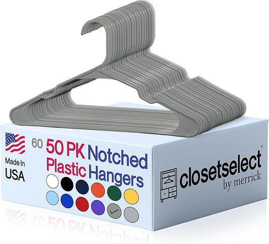 Closetselect Plastic Hangers 50 Pack - Space Saving Clothes Hangers, Made in USA, Durable & Strong Plastic Shirt & Coat Hanger with Notches & Shoulder Grooves, Non-Slip Clothing Hangers | Silver Hail