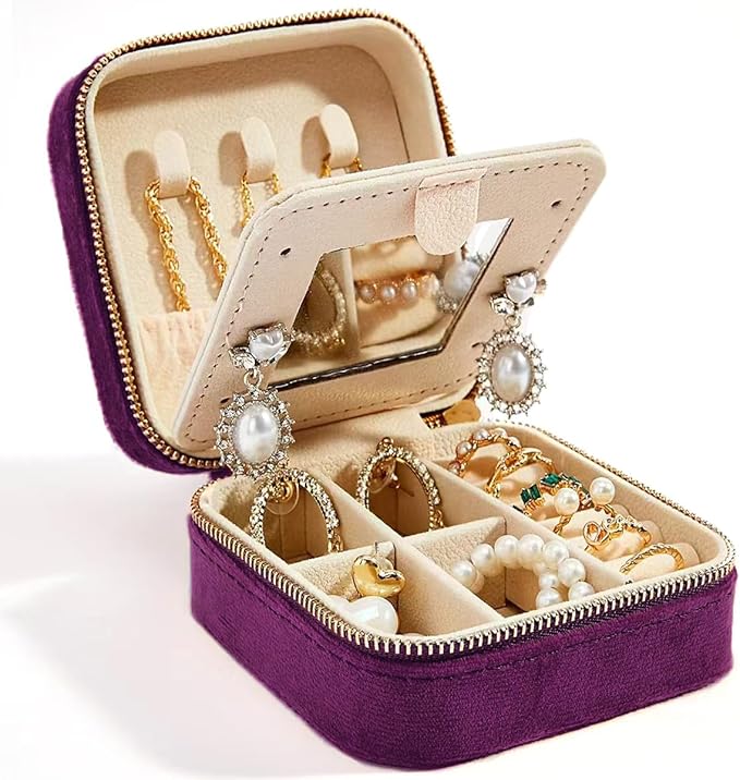 Smileshe Travel Velvet Jewelry Box with Mirror, Mini Gifts Case for Women Girls, Small Portable Organizer Boxes for Rings Earrings Necklaces Bracelets