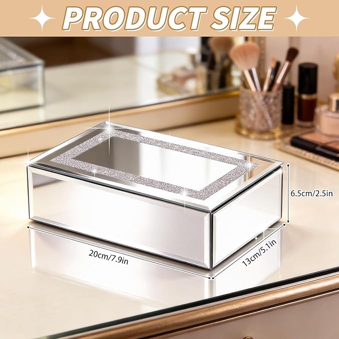 Luxury Mirrored Jewelry Box with Crushed Diamond - Glass Jewelry Box Organizer Storage Ring Holder Case for Women