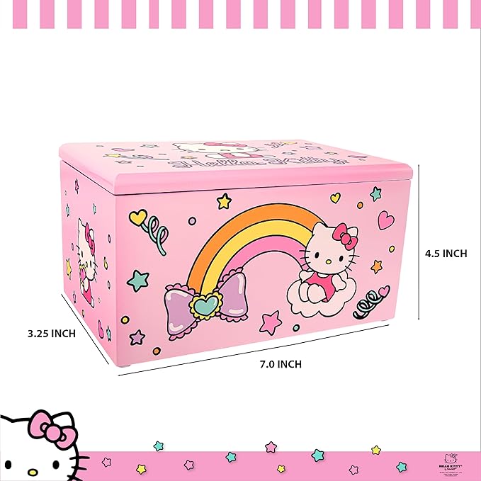 Hello Kitty Jewelry Box with Tray and Storage Official License, Pink Jewelry Box, Wood Jewelry Organizer, Sanrio Gifts (Pink)
