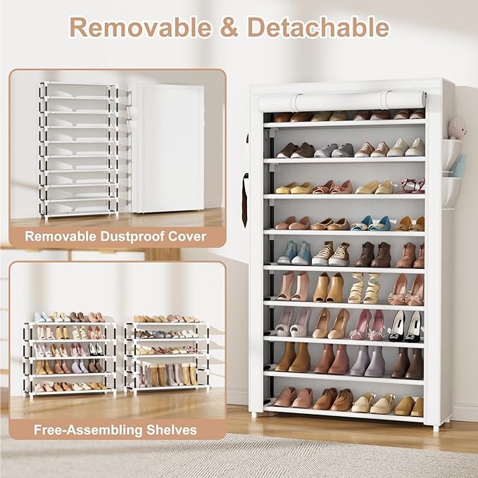 VILICK Shoe Rack with Cover Narrow Shoe Organizer with Pockets 10 Tier Tall Shoe Storage Holds 36-41 Pairs Shoes and Boots Shoe Rack for Closet Entryway Garage, White