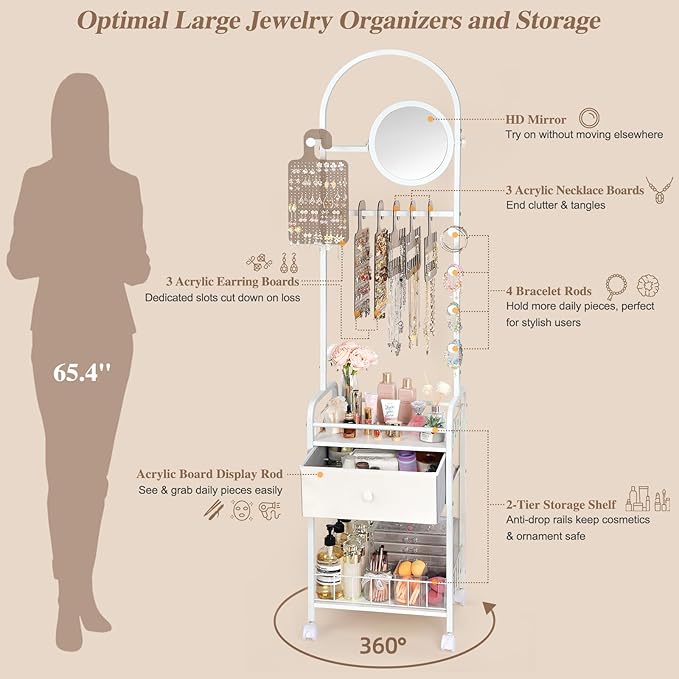 Keebofly Floor Jewelry Organizer with Adjustable Mirror, 67.52" Tall Jewelry Display Stand with 6 Acrylic Earring Necklace Pegboards, Mobile Jewelry Tower with Large Storage Drawer for Women