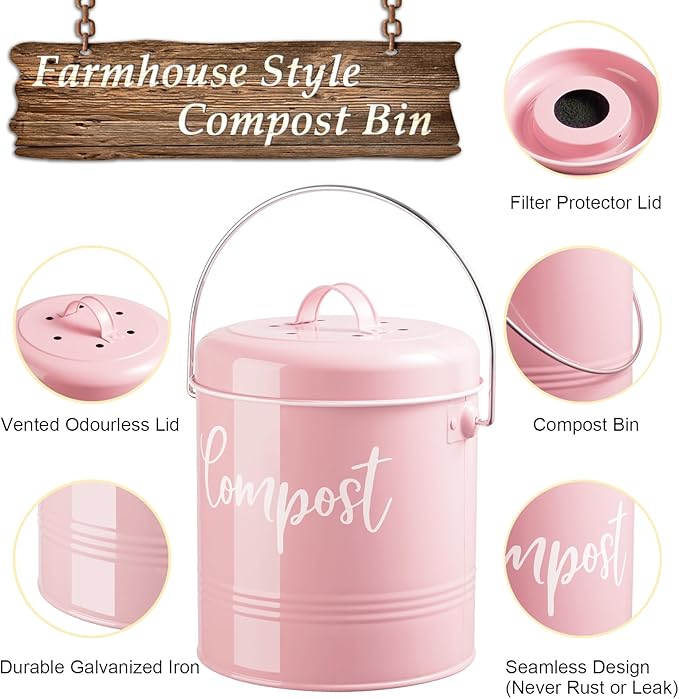 DAYYET Compost Bin Kitchen, 1.3 Gallon Farmhouse Kitchen Compost Bin Countertop, Indoor Countertop Compost Bucket with Lid and Charcoal Filters, Pink