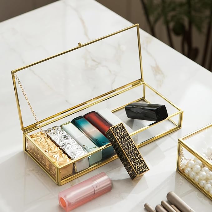 Glass Vintage Jewelry Box Set, 2pcs Rectangle Jewelry Display Lipstick Organizer Box Vanity Lidded Box Home Decor Accent Decorative Box for Storage Trinket Rings Bracelet