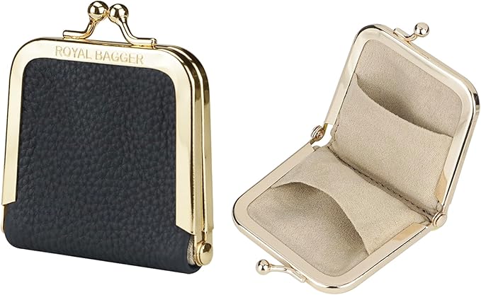 Royal Bagger Genuine Cow Leather Ultra-Slim Mini Jewelry Box, Ring & Necklace Storage, Slim Coin Purse with Kiss Lock for Women 3120 (Black)