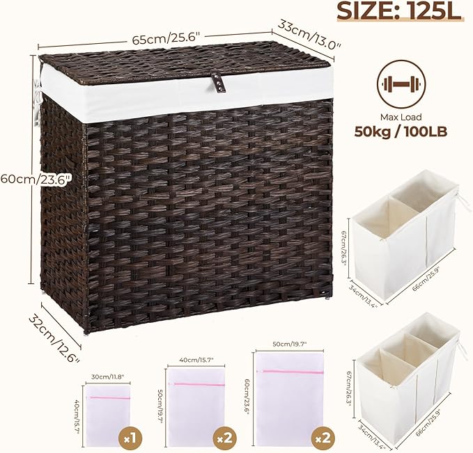Greenstell Laundry Hamper with Lid, 125L Wicker Laundry Baskets with 2 Removable Liner Bags & 5 Mesh Laundry Bags, Handwoven Rattan Clothes Hamper with Handles for Clothes in Bathroom, Bedroom