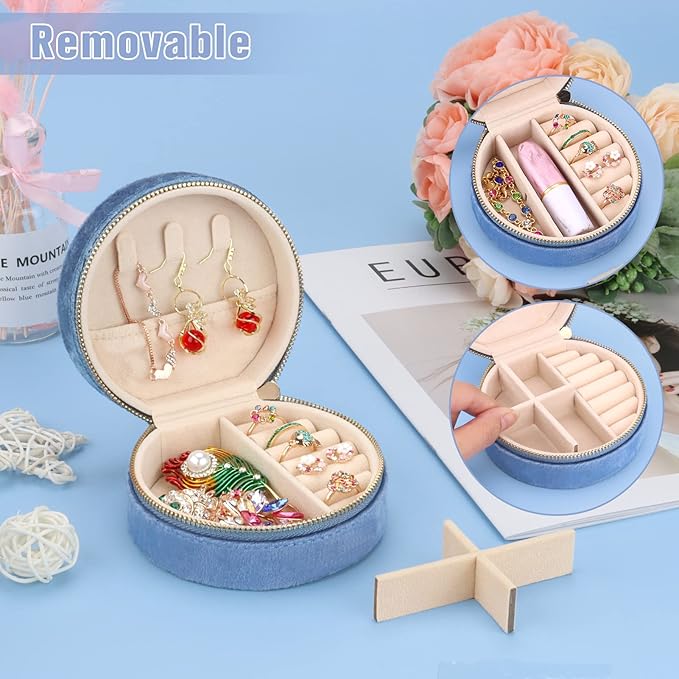 DesignSter Travel Jewelry Box - Velvet Mini Jewelry Organizer, Small Jewelry Case for Girls Women, Jewelry Storage Box for Rings Earrings Necklace (Circular, Blue Fog)