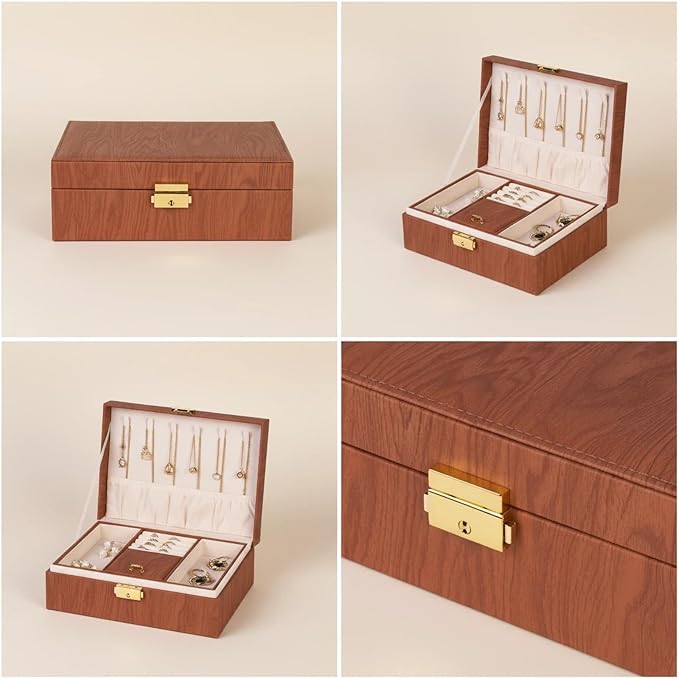 Jewelry Box Organizer for Women Girls Gift, 2 Layer Large Jewelry Storage Case, Vintage Wood PU Leather Display Jewellery Holder with Removable Tray for Necklace (Redwood grain)