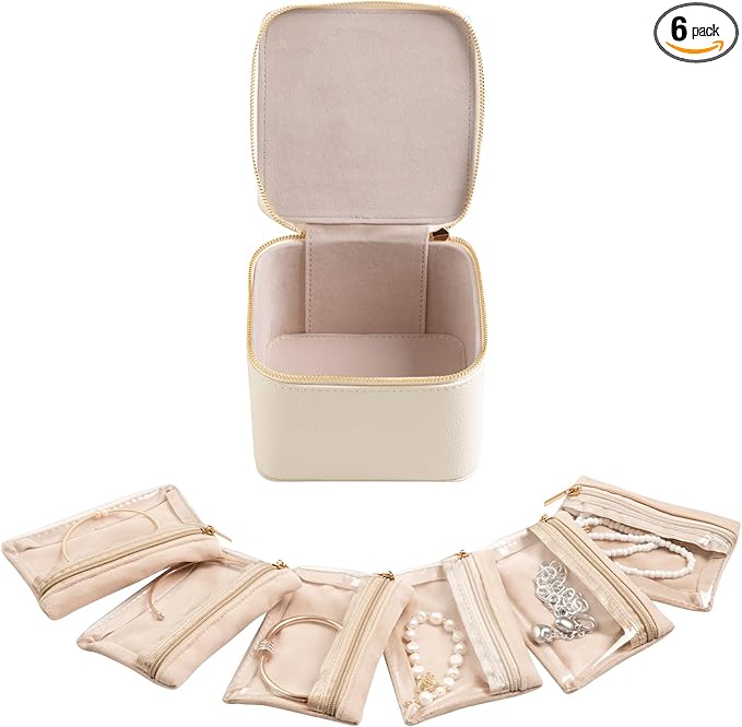 Frebeauty Small Travel Jewelry Box with 6 Pouch Bags, Portable Mini Jewelry Storage, 3.35 x 4.9 x 4.8 Inches, Gift Idea for Women Girls (Beige)