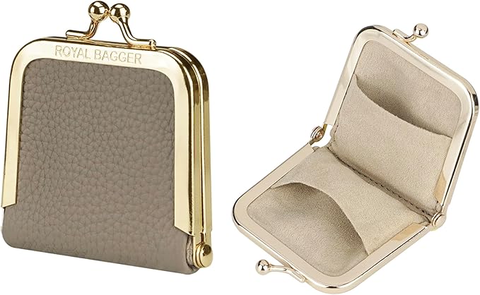 Royal Bagger Genuine Cow Leather Ultra-Slim Mini Jewelry Box, Ring & Necklace Storage, Slim Coin Purse with Kiss Lock for Women 3120 (Elephant Grey)