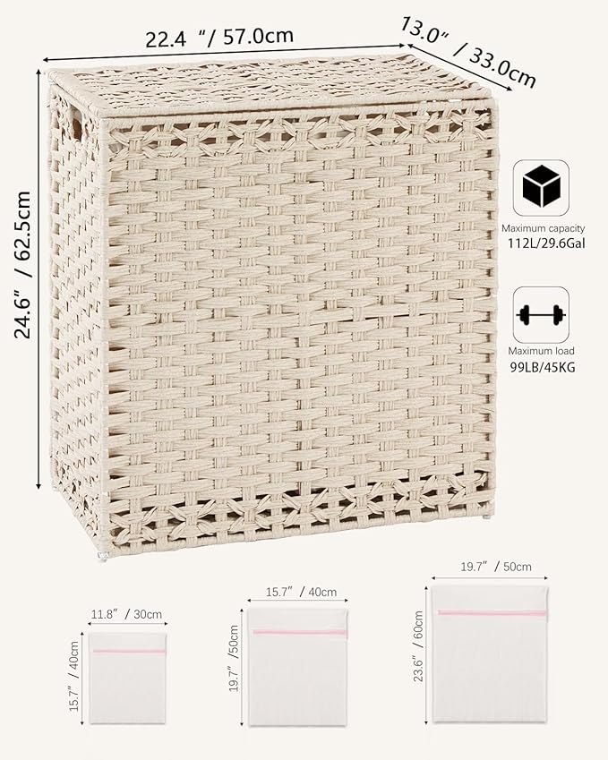SETVSON Laundry Hamper with Lid Wicker Laundry Basket 112 L (29.6 Gal) Laundry Hampers Handwoven Rattan Clothes Hamper with Handles 3 Removable Liner Bag, 6 Mesh Bags for Bathroom Bedroom Light Khaki