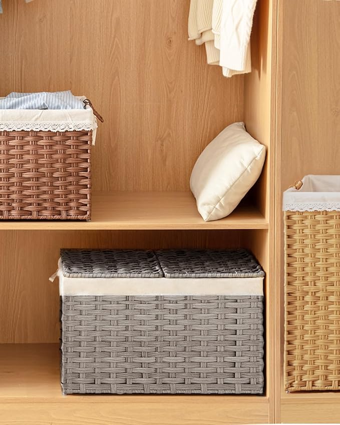 SETVSON Storage Basket with Lid Rattan Storage Basket with 2 Separate Lid, 27.8 Gallon (105 L) 25.2 * 15.4 * 16.1 Inches Woven Wicker Baskets with 2 Liners and Handles for Bedroom Laundry-Gray