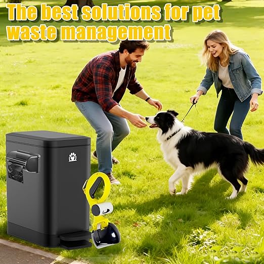 Dog Poop Trash Can Outside,3Gal Metal Outdoor Trash Can,Outdoor Dog Poop Trash Can with Lid for Odor Control,Waterproof Dog Waste Trash Can - Includes Poop Scooper for Dogs & Bin Bag Holder (Black)