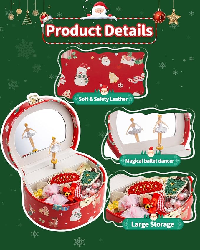 Vlando Christmas Gifts for Girl, Musical Jewelry Box for Girls, Small Kid Music Box with Ballerina for Party Bedroom Decor, Gifts for Girls Kids - Christmas Red