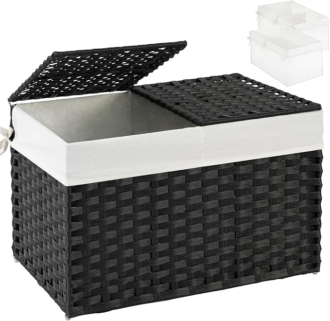 SETVSON Storage Basket with Lid Rattan Storage Basket with 2 Separate Lid, 27.8 Gallon (105 L) 25.2 * 15.4 * 16.1 Inches Woven Wicker Baskets with 2 Liners and Handles for Bedroom Laundry Black