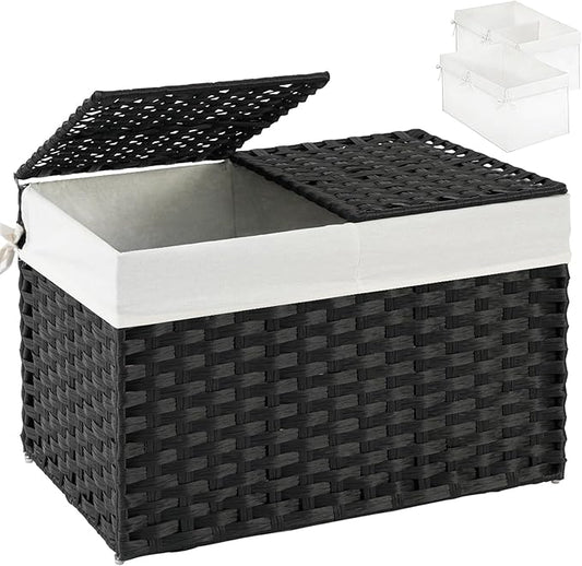 SETVSON Storage Basket with Lid Rattan Storage Basket with 2 Separate Lid, 27.8 Gallon (105 L) 25.2 * 15.4 * 16.1 Inches Woven Wicker Baskets with 2 Liners and Handles for Bedroom Laundry Black