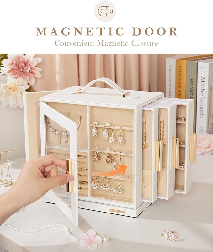 Homde Mothers Day Gifts Jewelry Box 360° Rotating, Necklace Earring Organizer with Transparent Window, Mirror, 7 Drawers, Large Ring Display Storage Case for Girls Women (White)