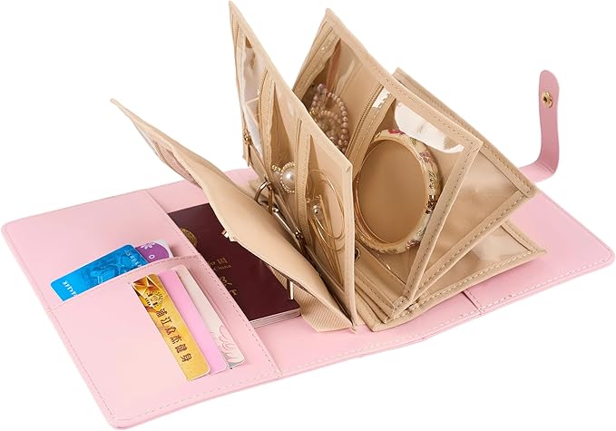 PU Leather Travel Jewelry Storage Box - Jewelry Binder Organizer with Zipper Velvet Pouches Bracelet Earring Rings Necklaces Jewelry Binder Gift for Women -Pink
