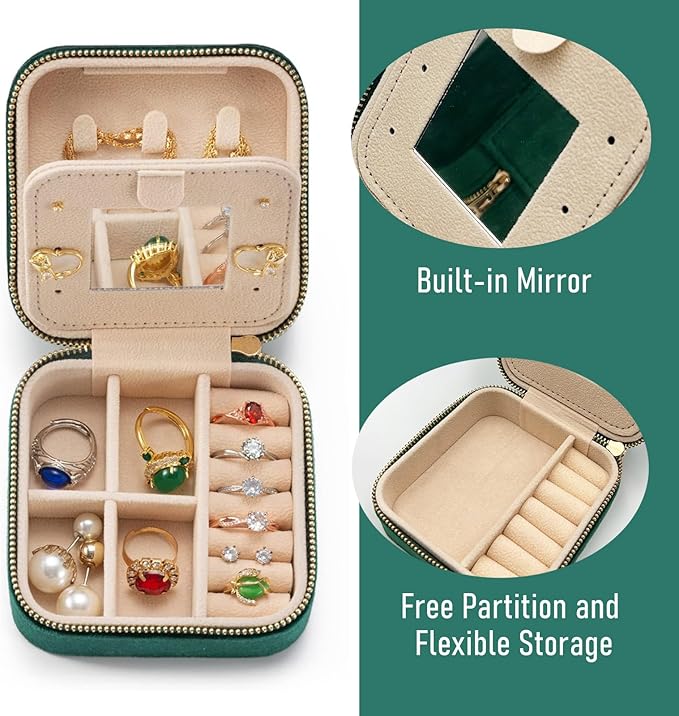 Personalized Velvet Travel Jewelry Case Box For Women Ring Necklace Earring Holder Organizer with Mirror Green Girls Box Birthday Gifts Mom Initial Y