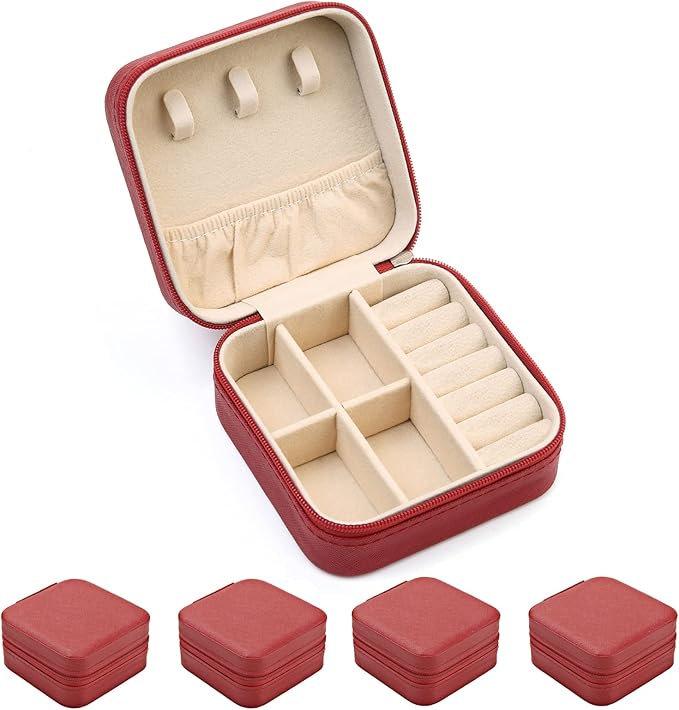 TRODANCE Mini Jewelry Case, Small Travel Jewelry Organizer, Portable Jewelry Box Mini Storage Organizer Display Box For Rings Earrings Necklaces (Red-4pcs)