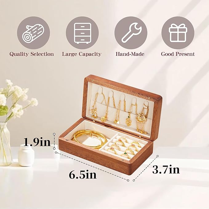 Travel Jewelry Case Small Wood Jewelry Organizer Jewelry Box for Women (Nut-Brown Print F)