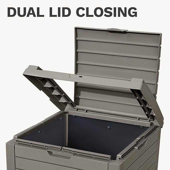 DWVO 38 Gallon Large Outdoor Trash Can, 2-Pack Waterproof Resin Hideaway Garbage Bin with Lid and Drip Tray, Outside Trash Bin for Porch, Backyard, Deck, Patio, Poolside, Easy to Clean, Taupe