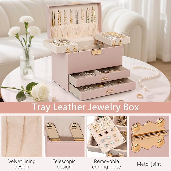AKOZLIN Travel Jewelry Box Organizer Functional 2-trays Leather Jewelry Storage Case with Lockable Portable 2 Drawers for Women Girls Ring Necklace Earring Bracelet