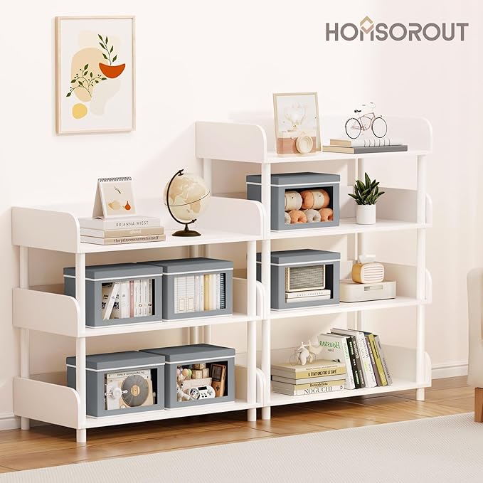 Homsorout Storage Bins with Lids - Small Fabric Organizers with Window, Collapsible Storage Bins for Clothes, Decorative Closet Organizers for Towels, Tshirt, 4 Pack, Grey