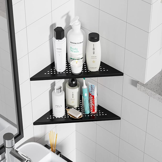Qeke Corner Shower Shelves, 10” Recessed Tile Shower Shelf Matte Black, 304 Stainless Steel Grout in Corner Tile Bathroom Shelves, No Drilling, 2 Pack