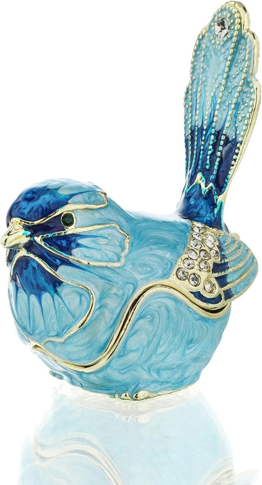YU FENG Enamel Bird Trinket Box Jewelry Organizer, Hand Painted Decorative Hinged Keepsake Box – Blue Bird