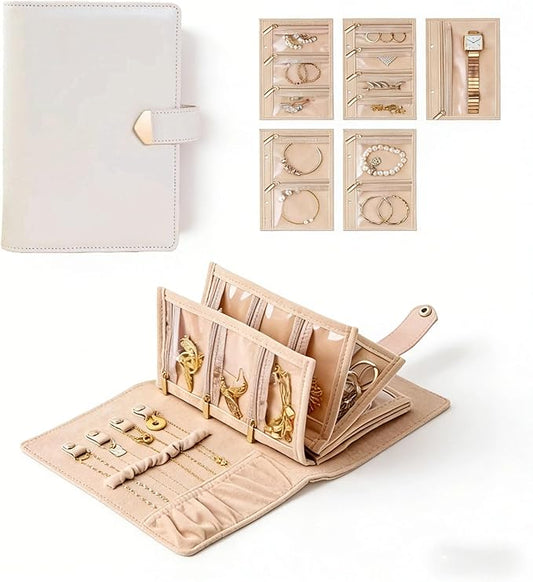 Travel Jewelry Binder Organizer, Portable PU Jewelry Book Organizer with 4 Necklace Clips & 5 Zipper Velvet Pouch For Rings,Necklace,Earrings - Perfect Jewelry Storage Book Gift For Women Girls
